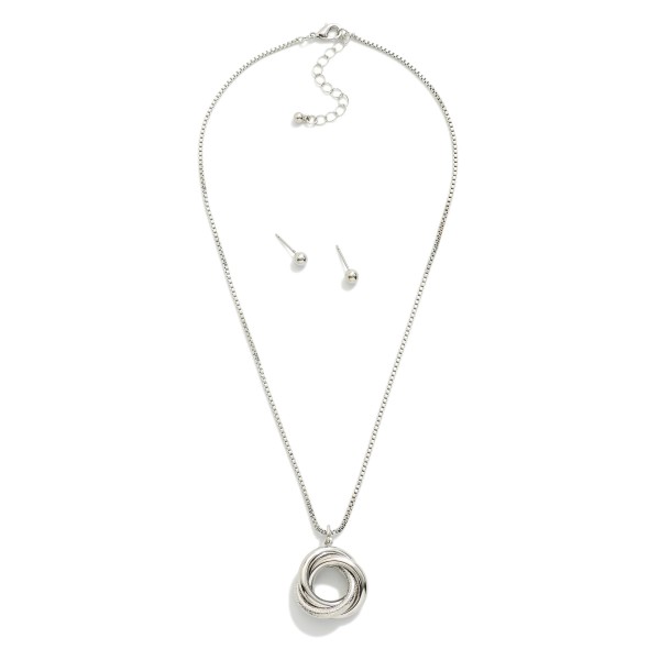 Square Chain Link Necklace Featuring Knotted Metal Pendant 

- Metal Tone Ball Studs Included 
- Approximately 16" L
- Extender 2" L