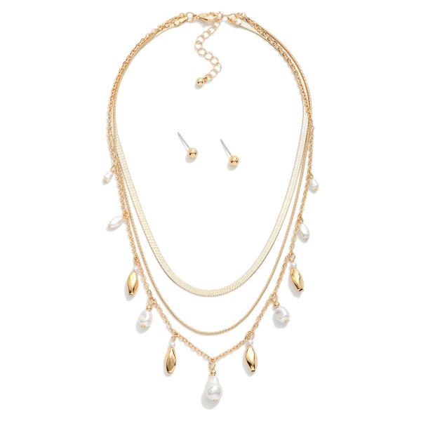 Layered Multi Chain Link Necklace With Pearl Charms 

- Metal Tone Ball Studs Included 
- Approximately 14" L
- Extender 2" L