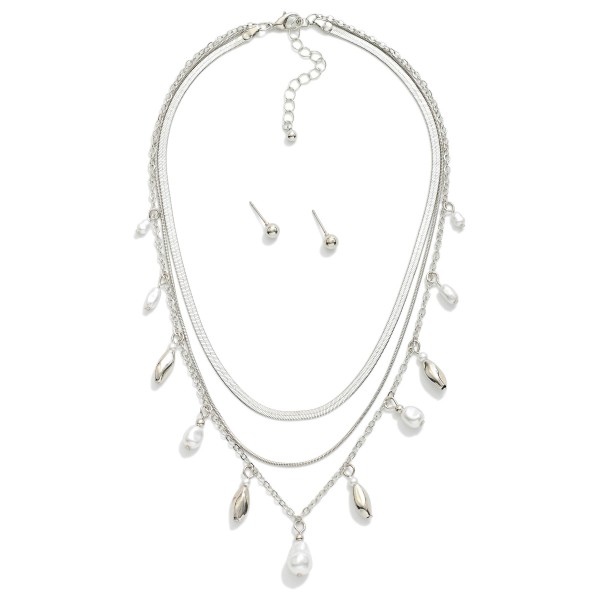 Layered Multi Chain Link Necklace With Pearl Charms 

- Metal Tone Ball Studs Included 
- Approximately 14" L
- Extender 2" L