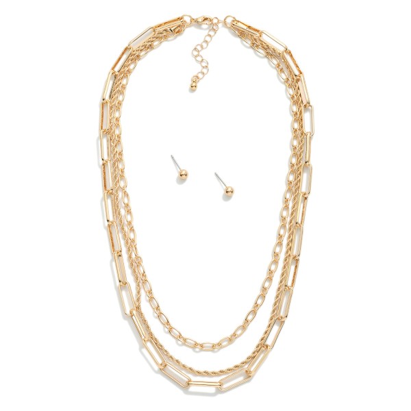 Layered Multi Chain Link Necklace

- Metal Tone Ball Studs Included 
- Approximately 16" L
- Extender 2" L