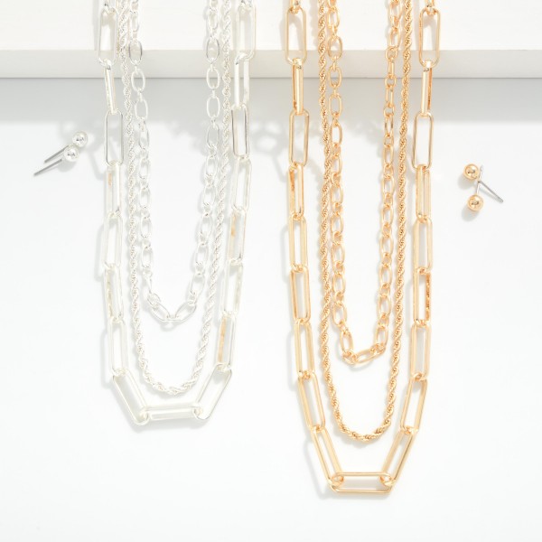 Layered Multi Chain Link Necklace

- Metal Tone Ball Studs Included 
- Approximately 16" L
- Extender 2" L