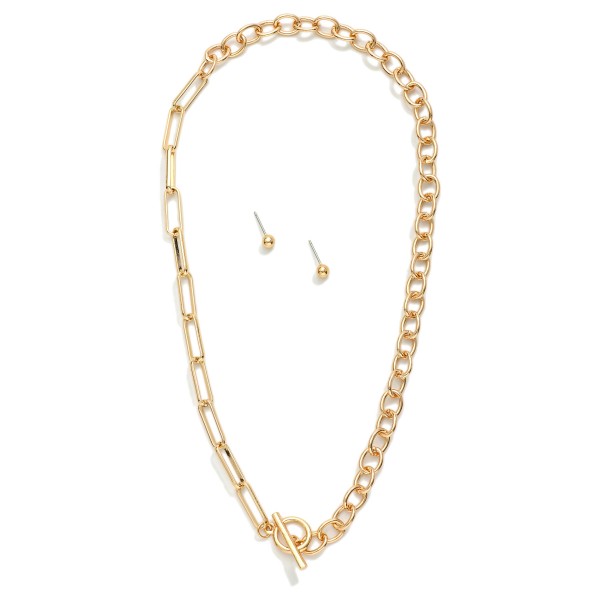 Oval Link & Paperclip Chain Link Necklace With Toggle Clasp 

- Metal Tone Ball Studs Included 
- Approximately 16" L
