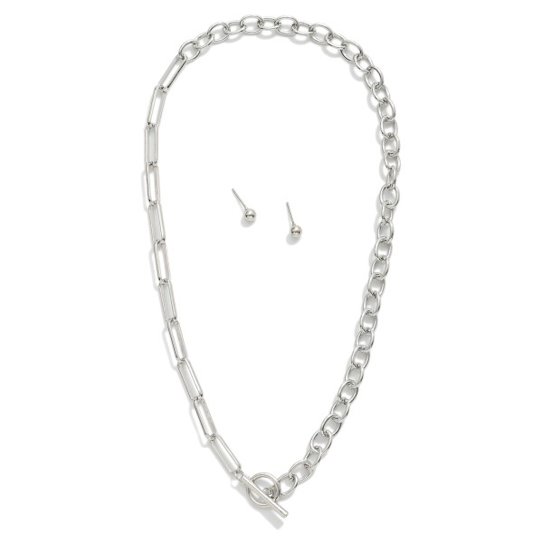 Oval Link & Paperclip Chain Link Necklace With Toggle Clasp 

- Metal Tone Ball Studs Included 
- Approximately 16" L
