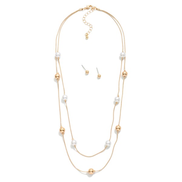 Snake Chain Link Necklace With Pearl & Metal Tone Ball Stations 

- Metal Tone Ball Studs Included 
- Approximately 16" L
- Extender 2" L