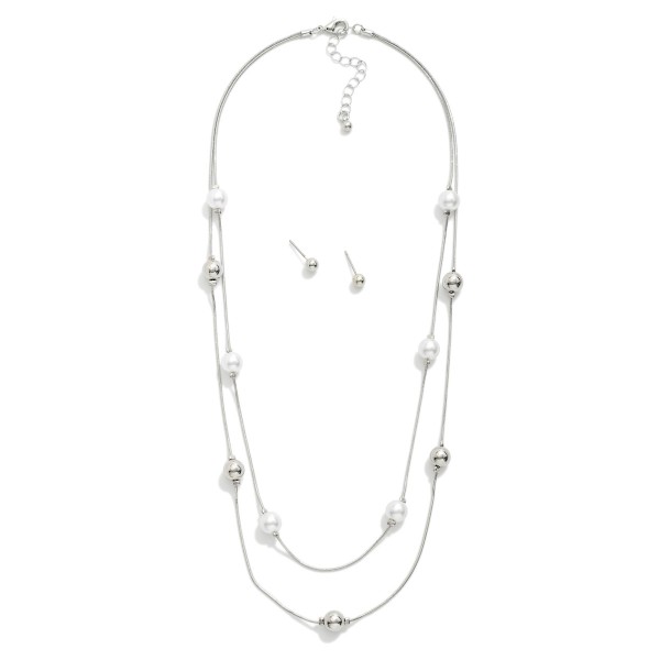 Snake Chain Link Necklace With Pearl & Metal Tone Ball Stations 

- Metal Tone Ball Studs Included 
- Approximately 16" L
- Extender 2" L