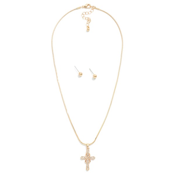 Chain Link Necklace Featuring Infinity & Rhinestone Cross Pendant 

- Gold Ball Studs Included 
- Approximately 14" L
- Extender 2" L