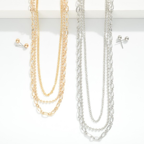 Layered Multi Chain Link Necklace

- Metal Tone Ball Studs Included 
- Approximately 16" L
- Extender 2" L