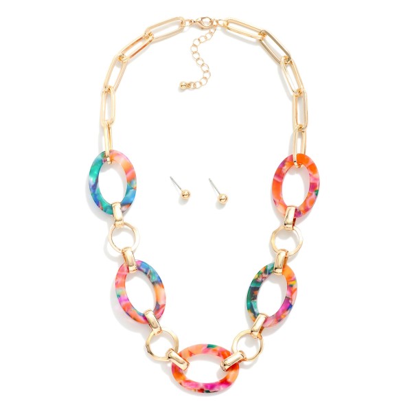 Acetate & Metal Chain Link Necklace

- Metal Tone Ball Stud Earrings
- Approximately 16" L
- Extender 2" L 