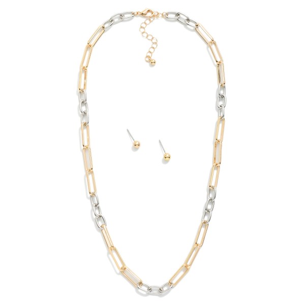 Two Tone Oval Link & Paperclip Chain Link Necklace

- Metal Tone Ball Studs Included 
- Approximately 16" L
- Extender 2" L