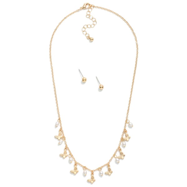 Chain Link Necklace With Pearl & Metal Tone Butterfly Charms 

- Metal Tone Ball Studs Included 
- Approximately 16" L
- Extender 2" L