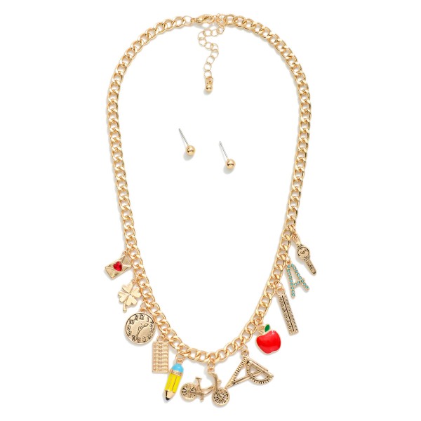 Chain Link Necklace Featuring Enamel Teacher Charms 

- Metal Tone Ball Studs Included 
- Approximately 16" L
- Extender 2" L