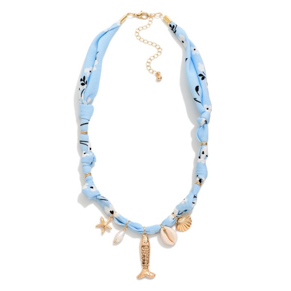 Flower Scarf Necklace Featuring Beach Charms 

- Approximately 16" L
- Extender 3" L
