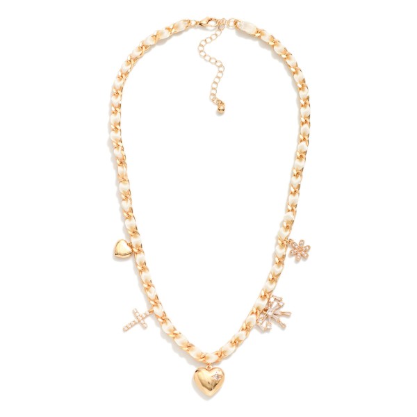 Chain Link & Ribbon Woven Necklace Featuring Metal Tone Charms & Rhinestones 

- Approximately 18" L 
- Extender 3" L 