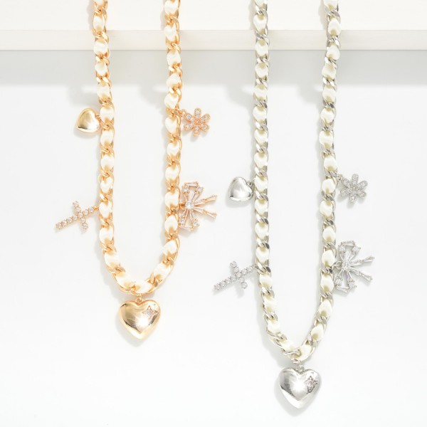 Chain Link & Ribbon Woven Necklace Featuring Metal Tone Charms & Rhinestones 

- Approximately 18" L 
- Extender 3" L 