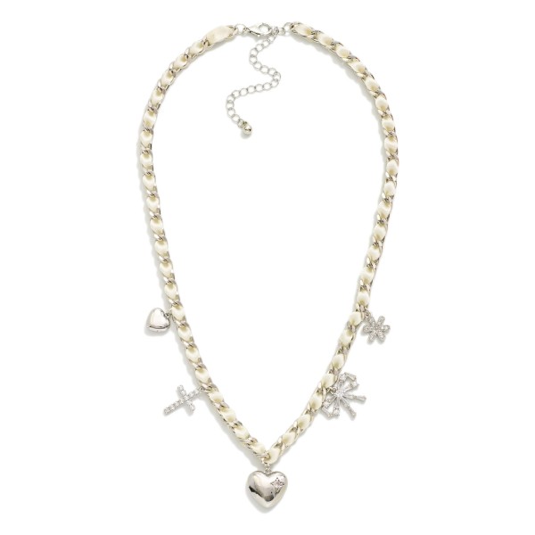 Chain Link & Ribbon Woven Necklace Featuring Metal Tone Charms & Rhinestones 

- Approximately 18" L 
- Extender 3" L 