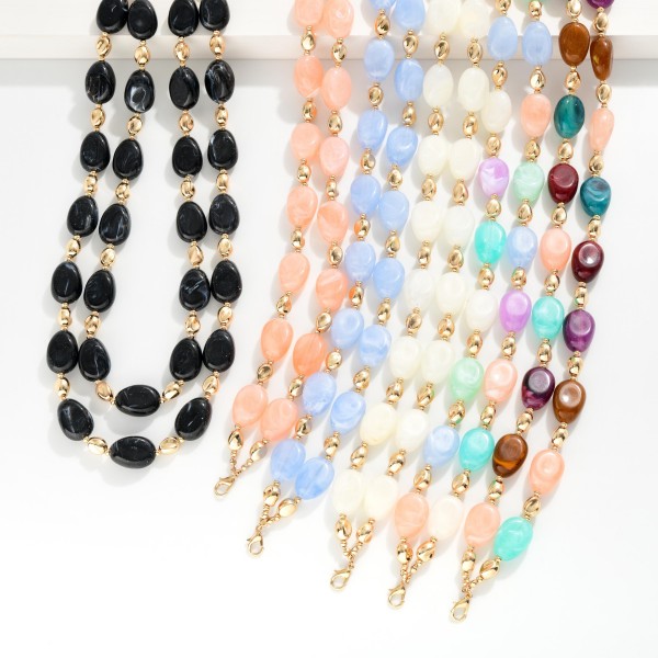 Layered Marble Beaded Necklace Featuring Gold Tone Nugget Beads 

- Approximately 18" L 
- Extender 3" L 