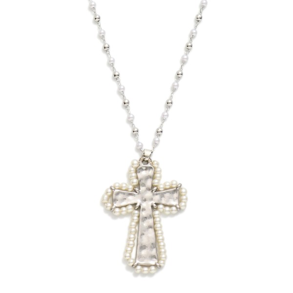 Metal Tone & Pearl Beaded Chain Link Necklace Featuring Hammered Metal Cross With Pearl Border Detail Pendant 

- Approximately 20" L 
- Extender 3" L 