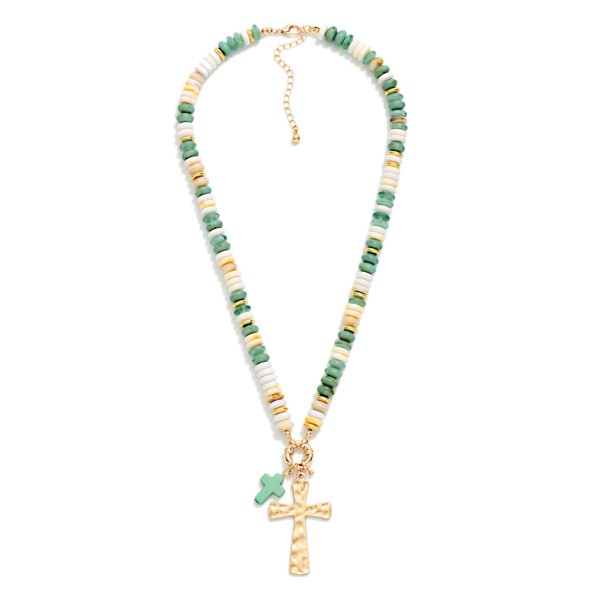 Stone Disk Beaded Necklace With Stone & Hammered Crosses Pendant 

- Approximately 16" L
- Extender 3" L