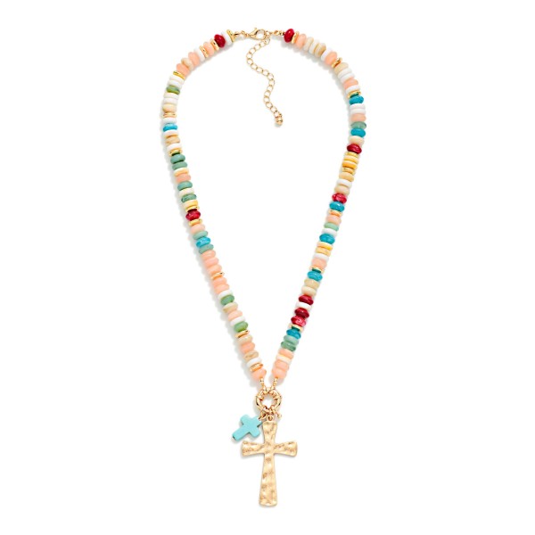 Stone Disk Beaded Necklace With Stone & Hammered Crosses Pendant 

- Approximately 16" L
- Extender 3" L