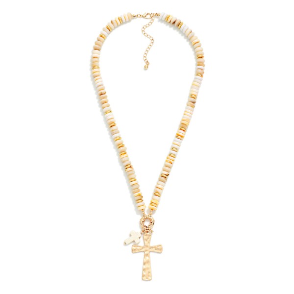 Stone Disk Beaded Necklace With Stone & Hammered Crosses Pendant 

- Approximately 16" L
- Extender 3" L