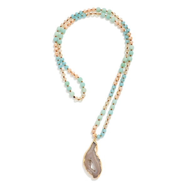 Long Stone & Faceted Bead Beaded Necklace Featuring Crystal Pendant 

- Approximately 28" L