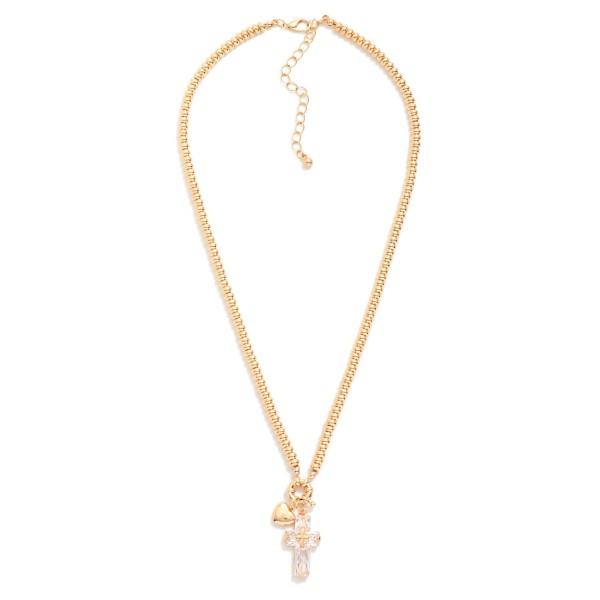 Metal Tone Beaded Necklace Featuring Crystal Heart Pendant 

- Approximately 16" L
- Extender 3" L