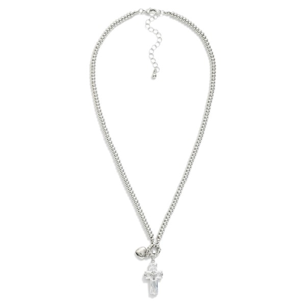 Metal Tone Beaded Necklace Featuring Crystal Heart Pendant 

- Approximately 16" L
- Extender 3" L