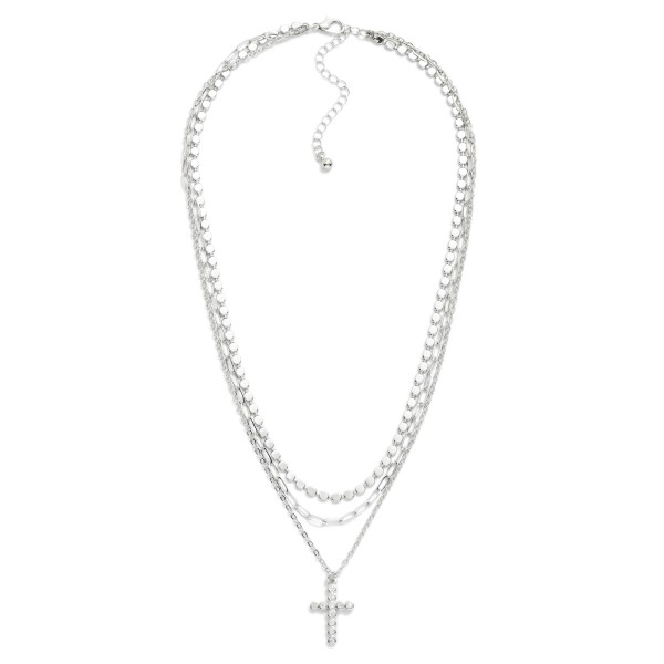 Layered Chain Link Necklace Featuring Flat Metal Beads & Rhinestone Cross Pendant 

- Approximately 16" L
- Extender 3" L