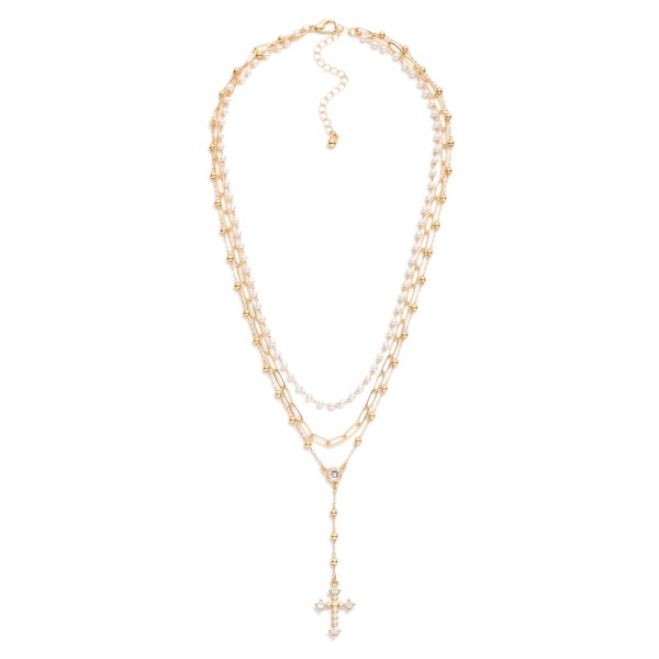 Layered Chain Link Necklace Featuring Pearls & Rhinestone Cross Pendant 

- Approximately 16" L
- Extender 3" L