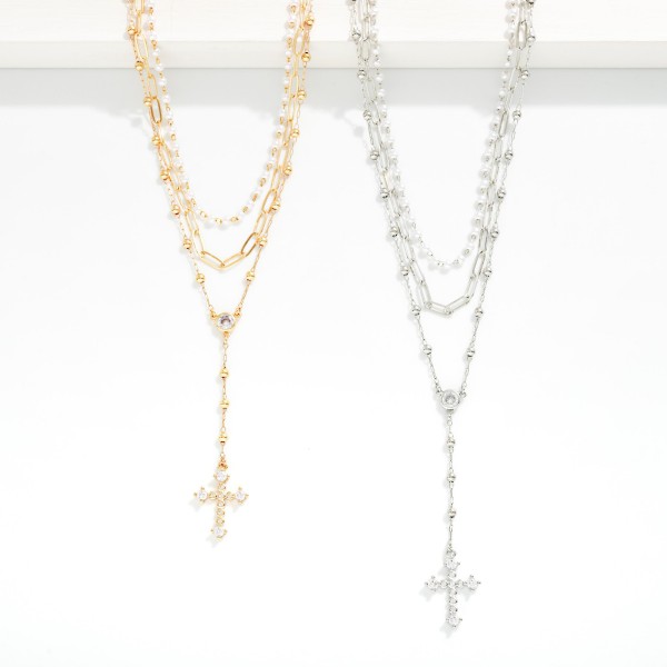 Layered Chain Link Necklace Featuring Pearls & Rhinestone Cross Pendant 

- Approximately 16" L
- Extender 3" L