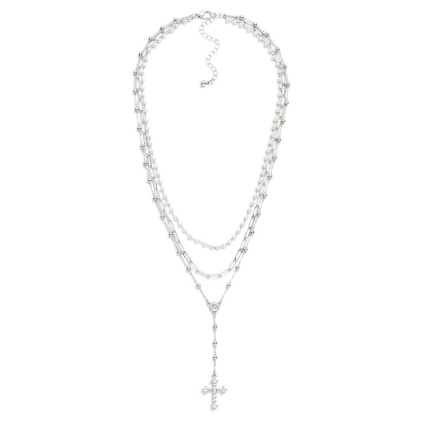 Layered Chain Link Necklace Featuring Pearls & Rhinestone Cross Pendant 

- Approximately 16" L
- Extender 3" L