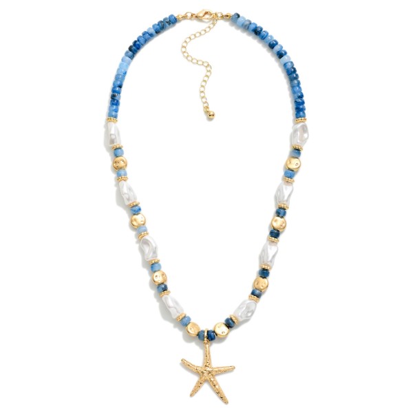 Pearl & Stone Beaded Necklace Featuring Metal Tone Starfish Pendant 

- Approximately 14" L
- Extender 3" L
