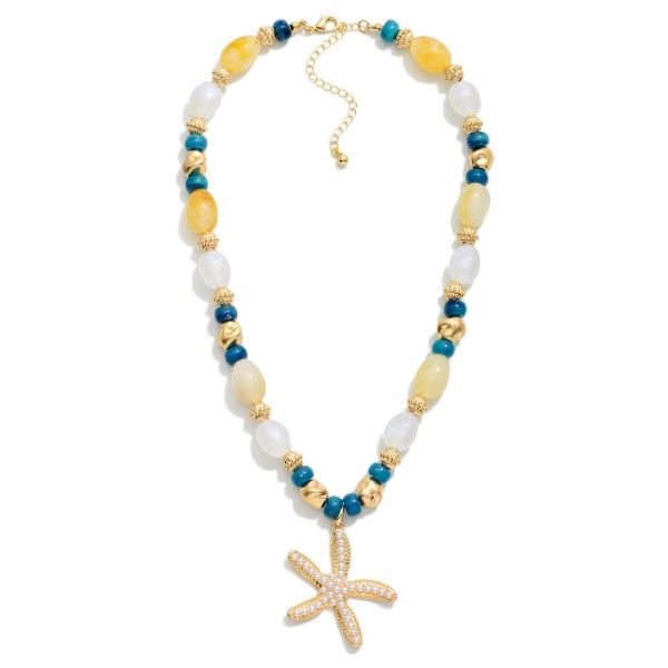 Multi Bead Beaded Necklace Featuring Metal Tone & Pearl Starfish Pendant 

- Approximately 14" L
- Extender 3" L