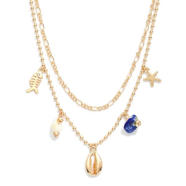 Layered Chain Link Necklace Featuring Stones & Metal Tone Sea Animal Charms 

- Approximately 16" L
- Extender 2" L