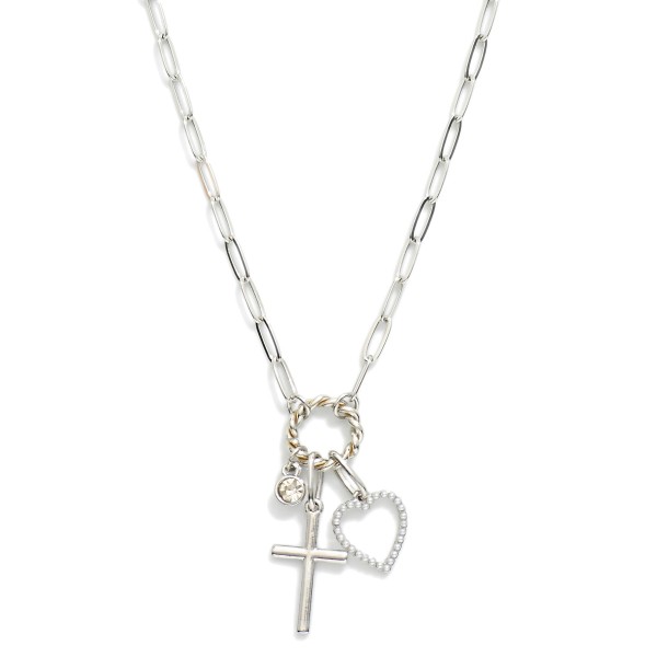 Paperclip Chain Link Necklace Featuring Twisted Metal Hoop With Heart, Cross. & Rhinestone Charms

- Approximately 16" L
- Extender 3" L