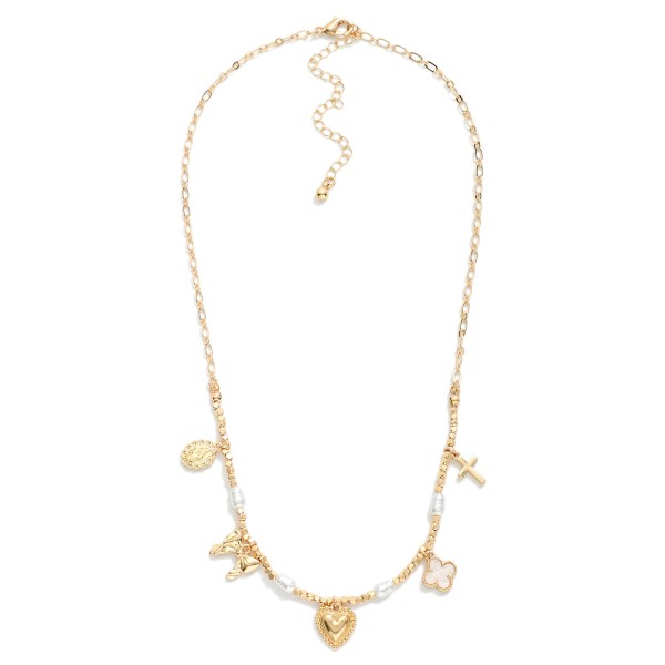 Chain Link Necklace With Metal Tone Beads Featuring Pearls & Charms

- Approximately 17" L
- Extender 2" L

