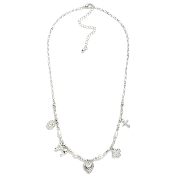 Chain Link Necklace With Metal Tone Beads Featuring Pearls & Charms

- Approximately 17" L
- Extender 2" L

