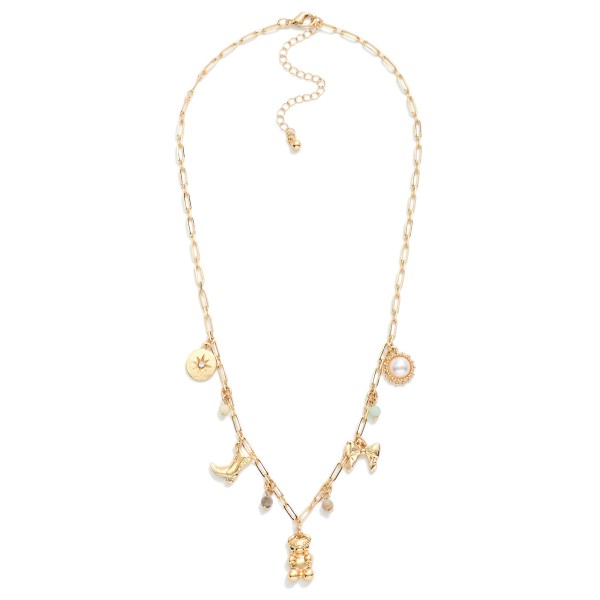 Paperclip Chain Link Necklace Featuring Metal Tone & Stone Charms 

- Approximately 16" L
- Extender 3" L