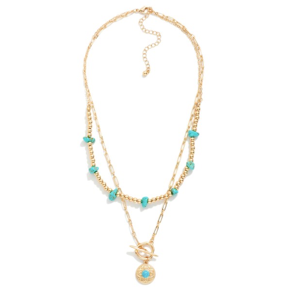 Layered Chain Link & Beaded Necklace Featuring Toggle Clasp & Turquoise Details  

- Approximately 16" L
- Extender 3" L