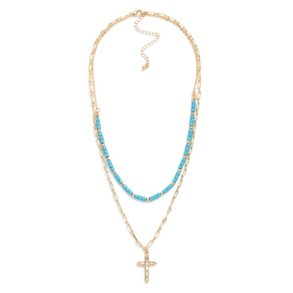 Layered Stone Beaded & Chain Link Necklace Featuring Rhinestone Cross Pendant 

- Approximately 16" L
- Extender 3" L