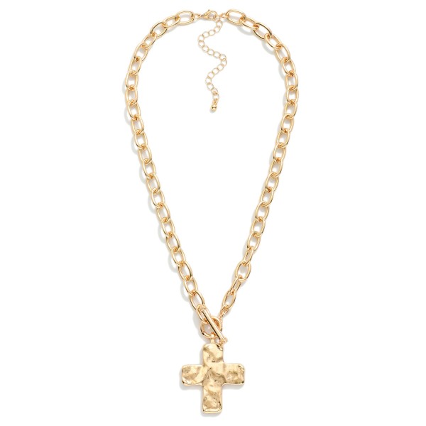 Metal Tone Chain Link Necklace Featuring Hammered Cross Pendant & Toggle Clasp 

- Approximately 20" L 
- Extender 3" L 
