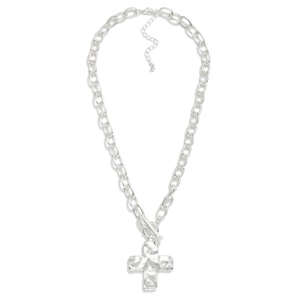 Metal Tone Chain Link Necklace Featuring Hammered Cross Pendant & Toggle Clasp 

- Approximately 20" L 
- Extender 3" L 
