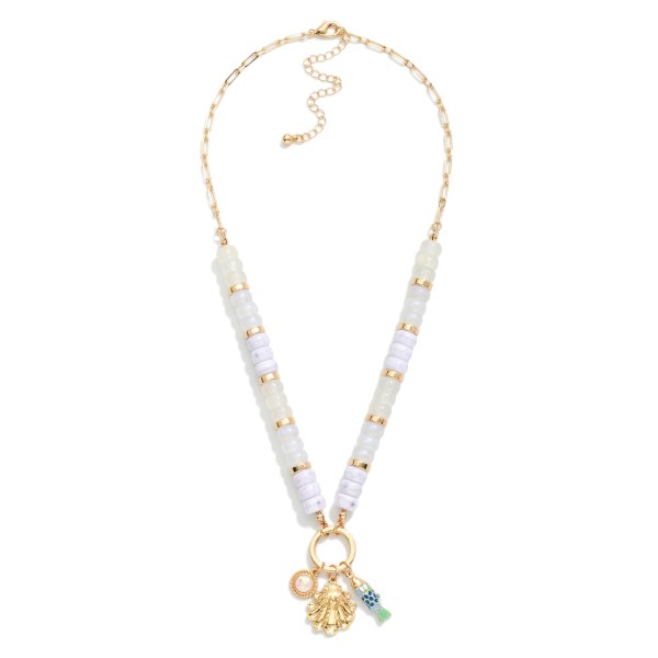 Candy Stone Beaded Chain Link Necklace Featuring Metal Tone Beach Charms 

- Approximately 18" L 
- Extender 3" L 