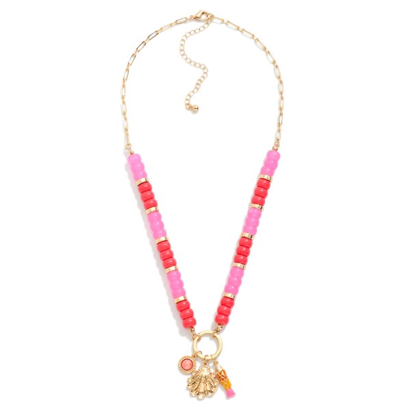 Candy Stone Beaded Chain Link Necklace Featuring Metal Tone Beach Charms 

- Approximately 18" L 
- Extender 3" L 