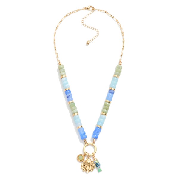 Candy Stone Beaded Chain Link Necklace Featuring Metal Tone Beach Charms 

- Approximately 18" L 
- Extender 3" L 