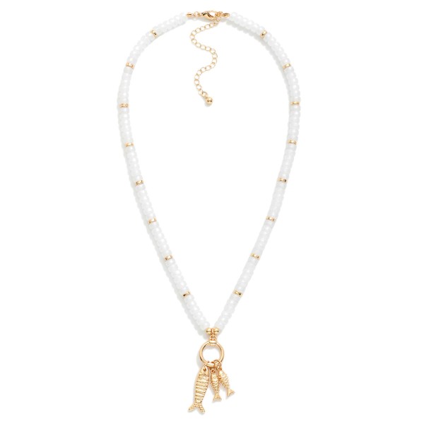 Acetate Bead Beaded Necklace Featuring Metal Tone Hoop Pendant & Metal Tone Fish Charms 

- Approximately 16" L
- Extender 3" L
