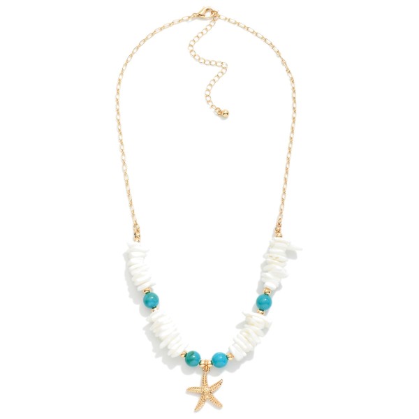 Metal Tone Chain Link Necklace Featuring Star Pendant With Broken Shell Beads, Round Beads, And Metal Tones

- Approximately 16" L 
- Extender 3" L  