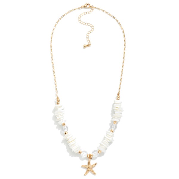 Metal Tone Chain Link Necklace Featuring Star Pendant With Broken Shell Beads, Round Beads, And Metal Tones

- Approximately 16" L 
- Extender 3" L  