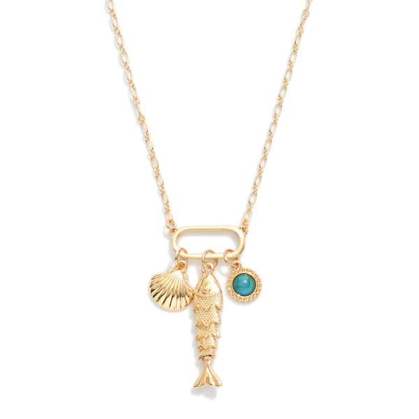 Chain Link Necklace Featuring Metal Tone Fish, Shell, And Stone Charms

- Approximately 18" L 
- Extender 3" L 