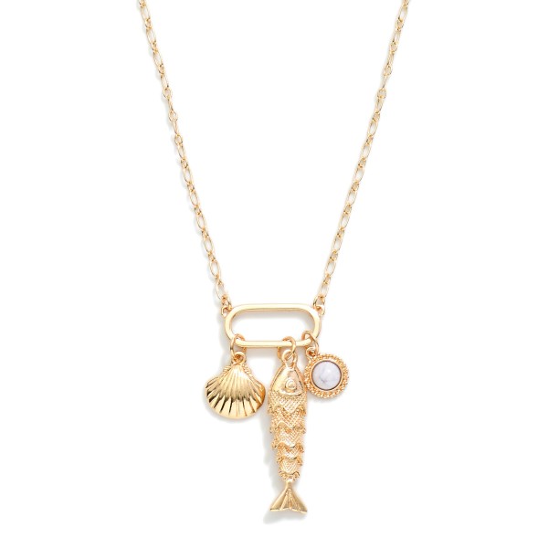 Chain Link Necklace Featuring Metal Tone Fish, Shell, And Stone Charms

- Approximately 18" L 
- Extender 3" L 